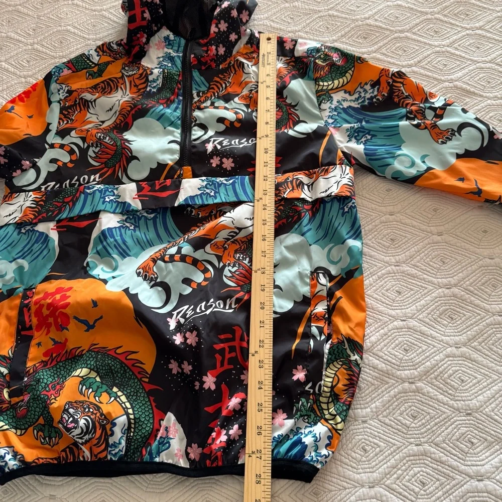 Reason Clothing Kanji Japan Print Dragon Half-Zip Anorak Hoodie Jacket Sz Medium